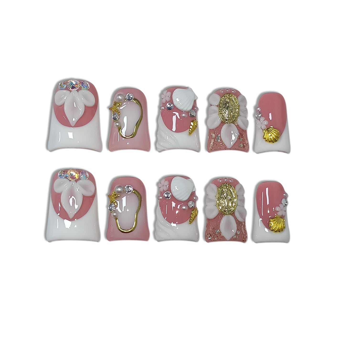 TENPAL Duckbill Press on Nails - White Blushing French Ombre Fake Nails with 3D Floral & Shell Design For Women Girls | Salon Quality Handmade Elegant Classic Style False Nails with Tools(L)