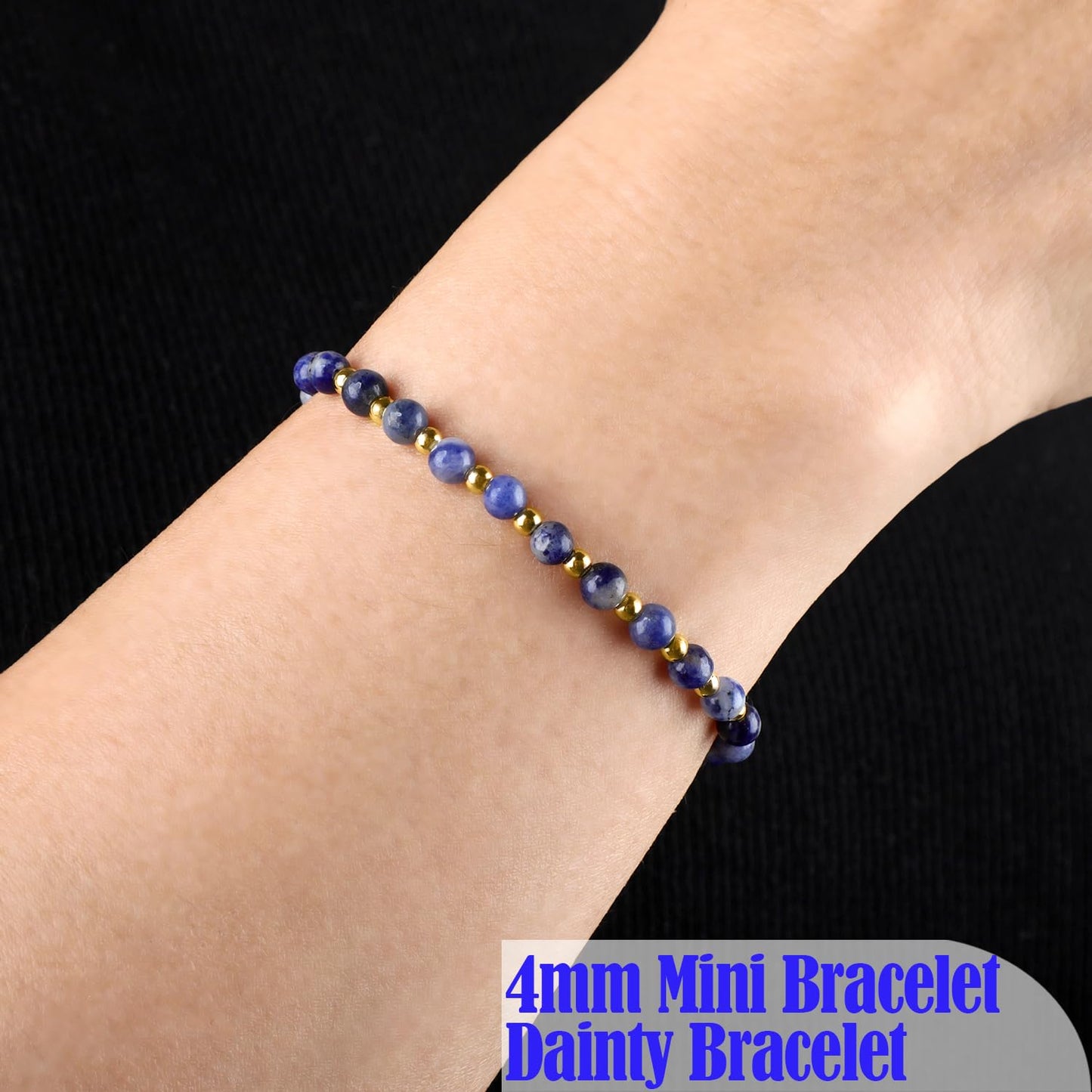 QOGIR Blue Sodalite - Self Confidence - 14K Gold Plated Beads Natural Gemstone Stretch Elastic Dainty Healing Beaded Bracelets Gifts 4mm
