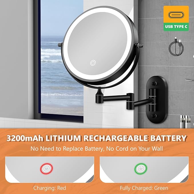 1X/20X Wall Mounted Makeup Mirror with Light, 8" Rechargeable Double-Sided Magnifying Mirror, Vanity Mirror Dimmable 3 Color Light, 360° Extension Rotation Foldable 14.5 Inch Arm for Bathroom