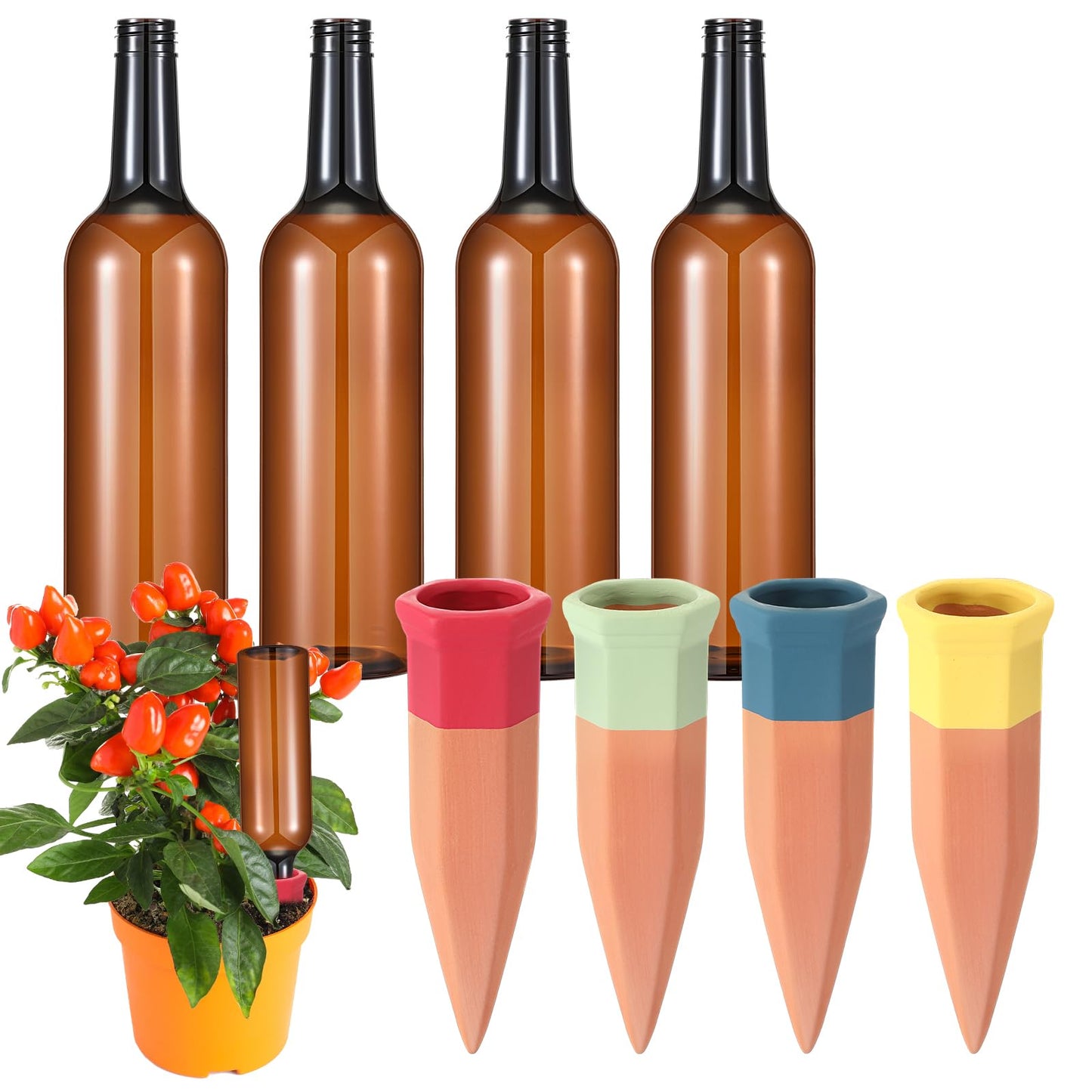 Baderke 8 Pcs 4 Set Plant Watering Devices, Terracotta Watering Spikes with 25 oz Plastic Wine Bottles, Slow Release Vacation Insert Automatic Plant Waterer Devices for Indoor Outdoor
