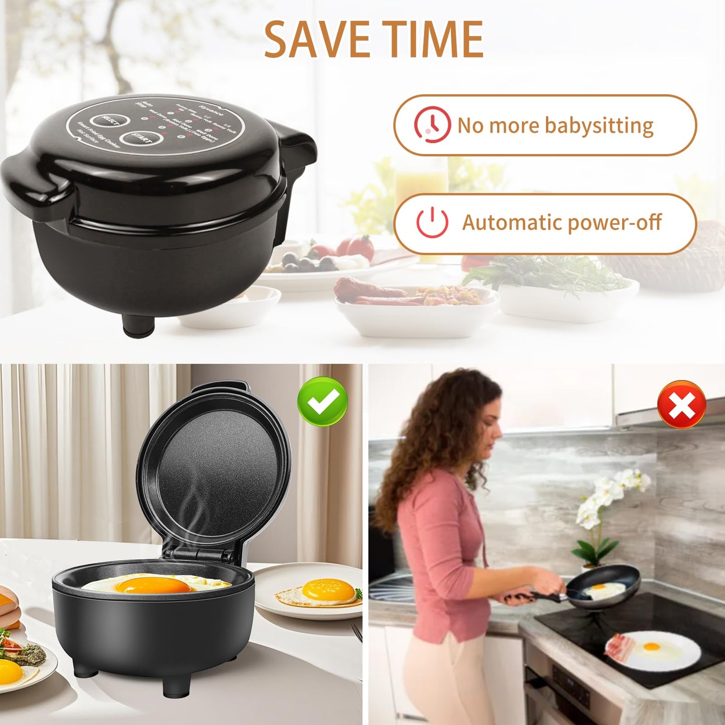 Hyvance Smart Fried Egg Cooker, Automatic Fried Egg Maker for 6 Features like Sunny Side Up, Over Easy, Fully Cooked & More. Auto Power Off, Alarm, Round Shape, Non Stick Coating (Black)
