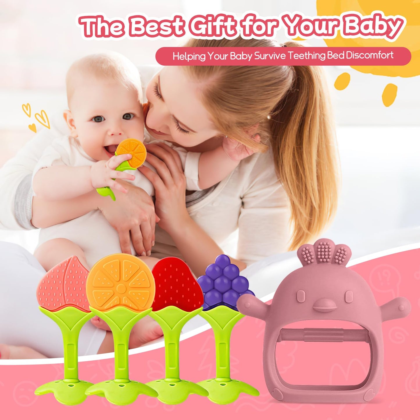 Tinabless Baby Teething Toys 5 Pack, Food Grade Silicone Teething Mitten & Teethers for Babies 3-12 Months, BPA-Free Infant Chew Toys for Teething Relief, Easy-Grip, Freezer Safe, Coral Red