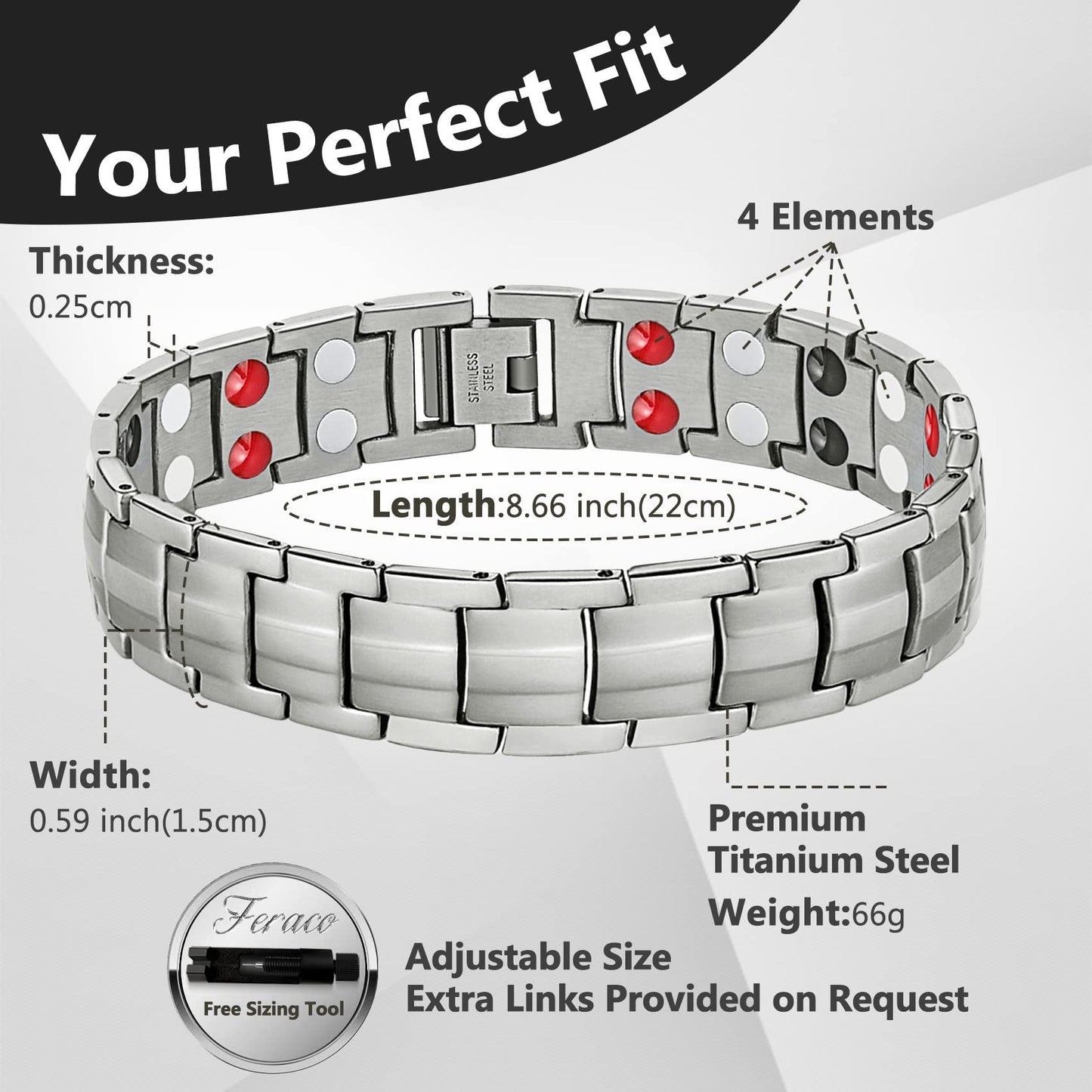 Feraco Mens Magnetic Therapy Bracelets Titanium Steel Bracelet with Double Row 4 Elements Magnets (Silver)