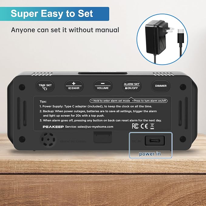 Peakeep Small Digital Alarm Clock for Bedroom, Large Number, Battery Backup | Plug-in Tiny Electric Clock Brightness Dimmable for Bedsise Desk Table Small Spaces, 5 Volume, Easy to Set, Adapter Included