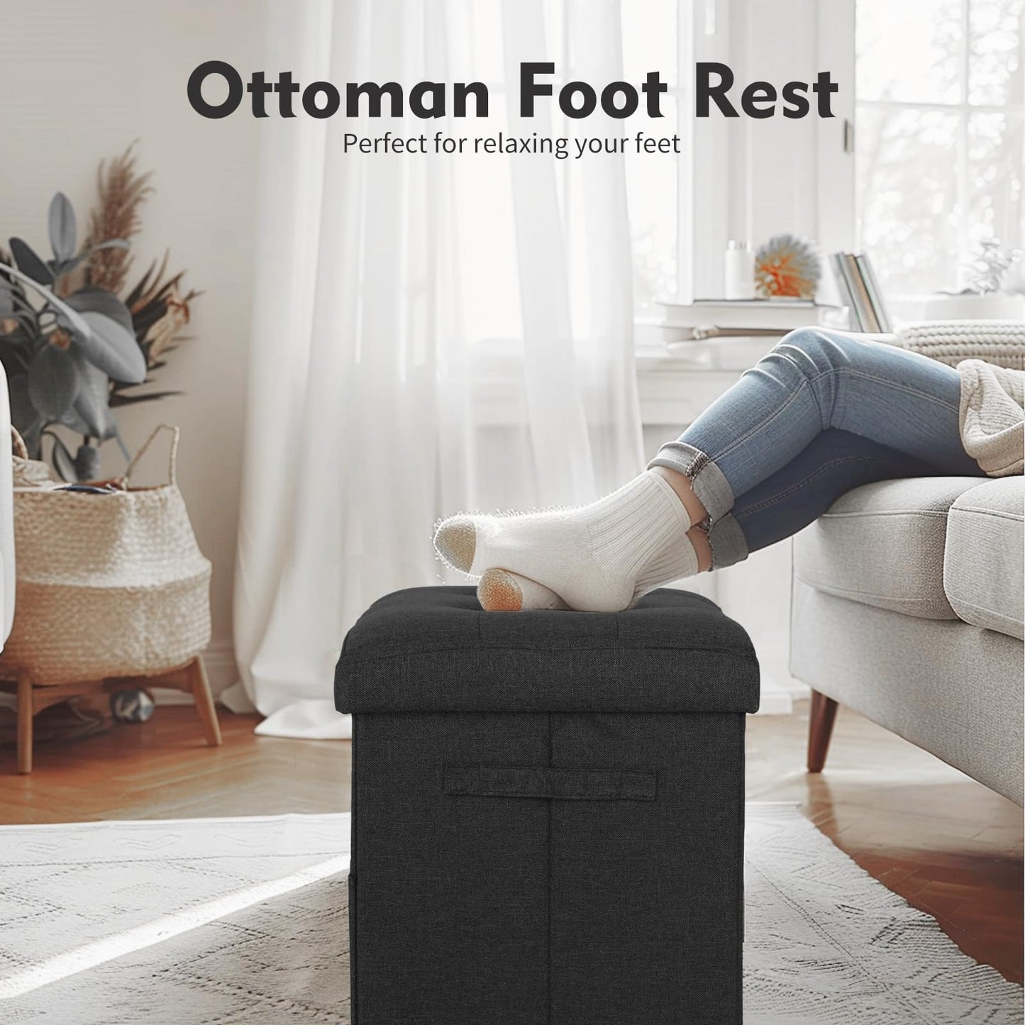 FaiPue Storage Ottoman Foot Rest with Thicker Foam Padded Seat. Small Bench with Storage. 350 lbs Linen Folding Footstool Bench for Living Room, Bedroom, Home Office. 17x13x13in, Gray Black