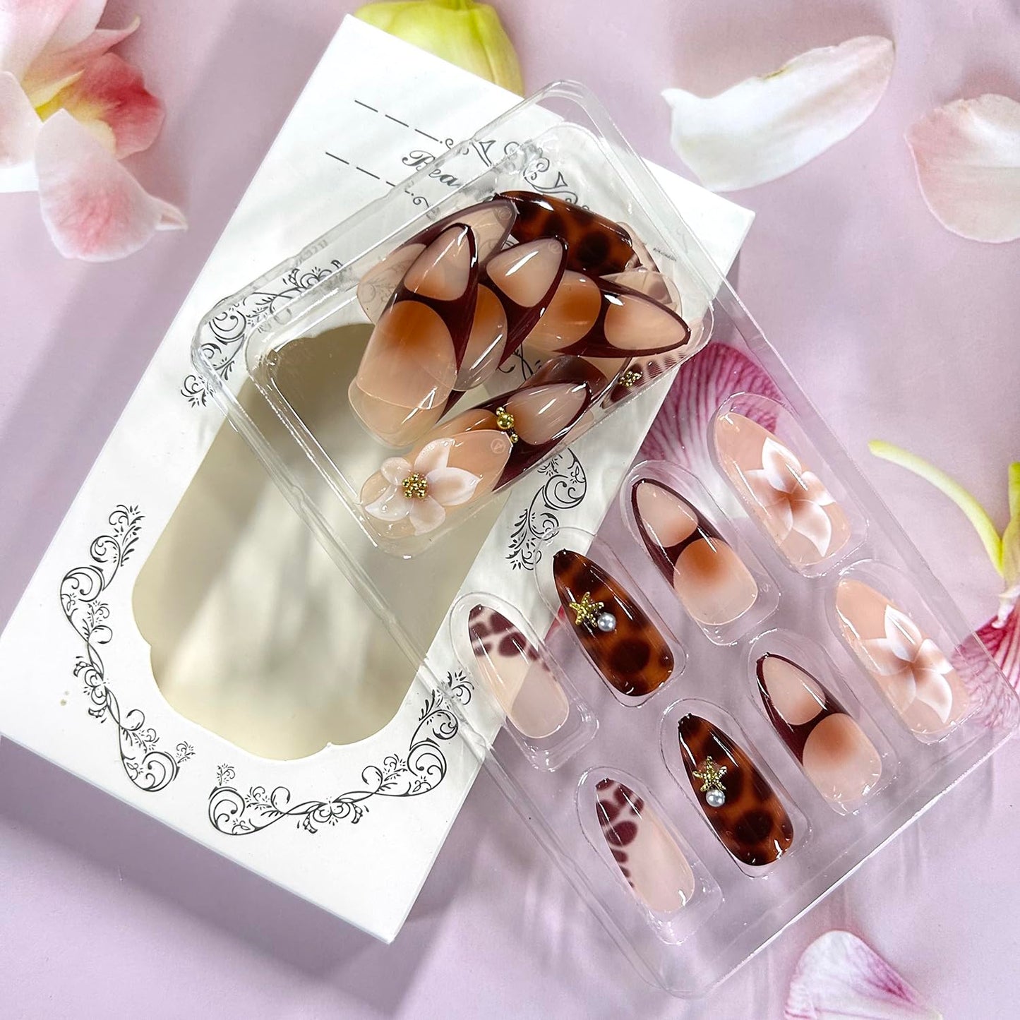 Lily Flower Press on Nails Medium Almond Artificial Acrylic False Nails French Brown 3D Metal Starfish Stick on Nails Full Cover Floral Reusable Coffin Artificial Fingernails for Women Manicure