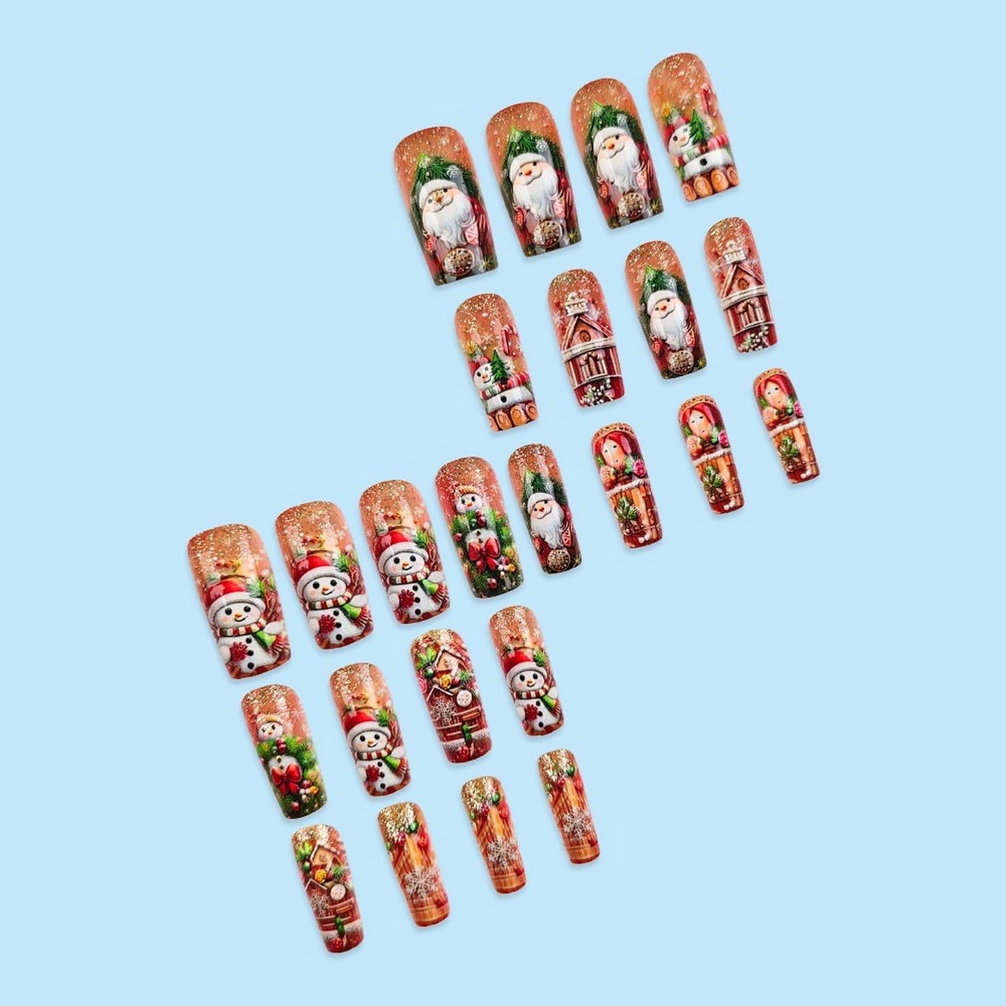 Christmas Press on Nails Christmas Theme Medium Glossy Acrylic Square Shaped Winter False Nails with Snowflake Designs Artificial Xmas Relief Snowman Fake Nails for Women Manicure Decoration 24 Pcs