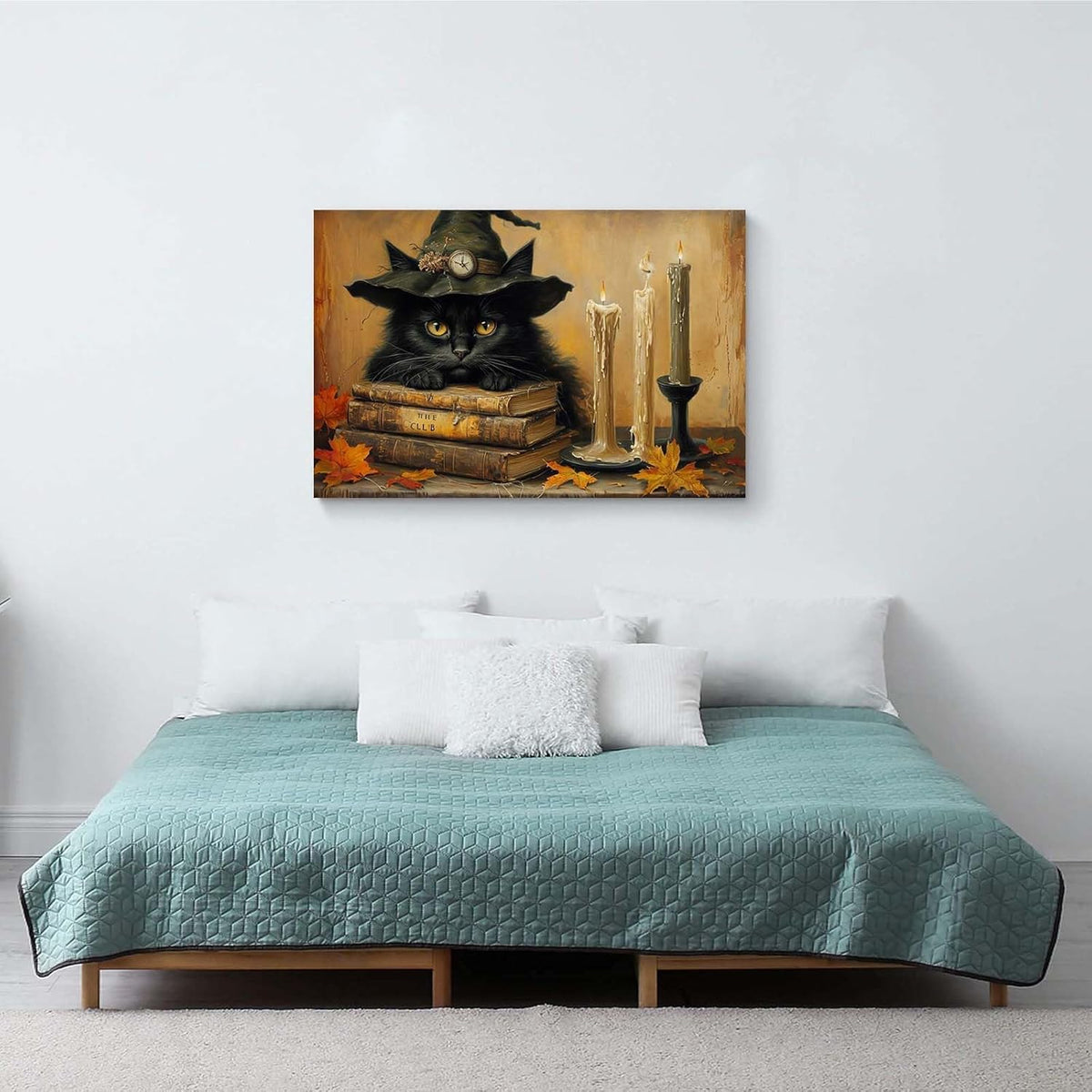 Vintage Halloween wall decoration black cat and magic book suitable for home bedroom living room decoration dark classic art witch wall decoration28x40in Wood Framed