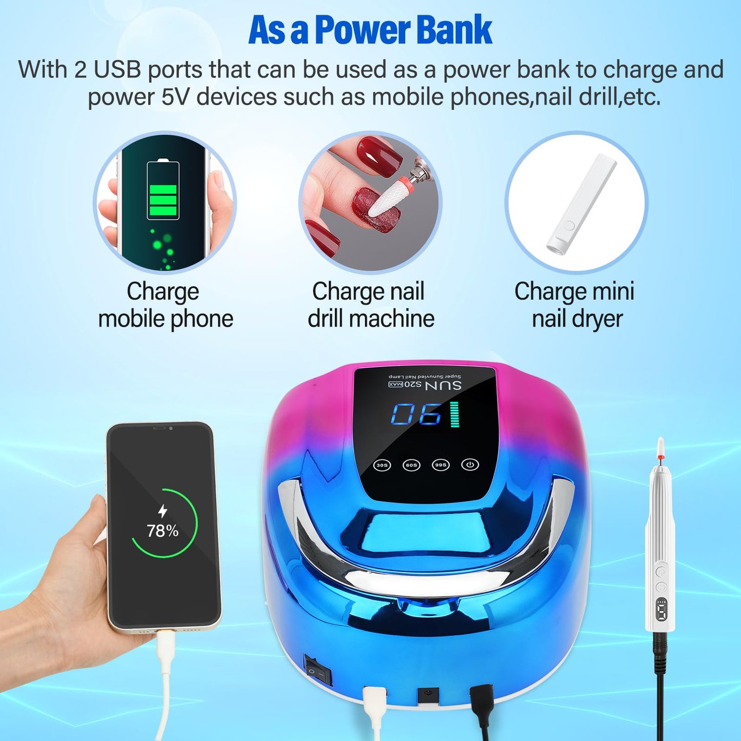 UV LED Nail Lamp Dryers Cordless 128W Portable Rechargeable UV Light for Gel Nails Polish Kit,Fast Curing Wireless Builder Gel Lamp with Sensor 3 Timer LCD Display 48 LED,Manicure Pedicure Art Tools