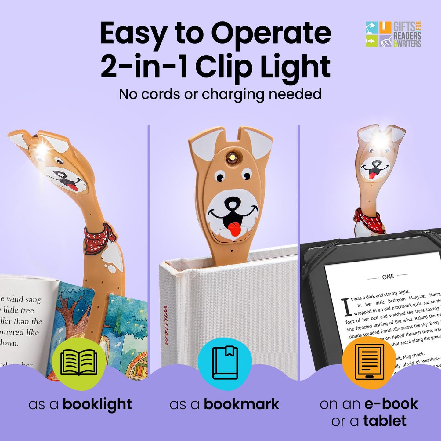 Gifts for Readers & Writers Book Light for Kids, Clip On Reading Light for Bed, 2in1 Flexilight Pals & Bookmark, Small & Lightweight with a Soft Glow, 2 Batteries Included, Dog