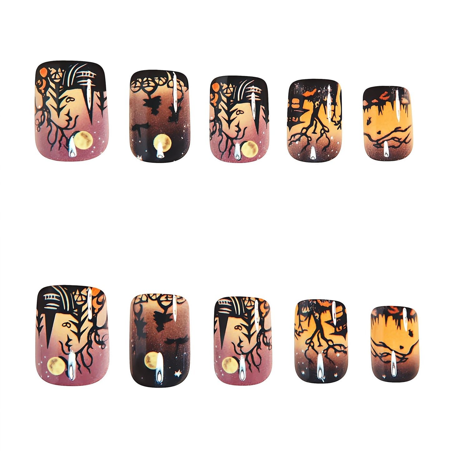 Halloween Forest Press on Nails Short Gradient Fake Nails with Castle Designs Full Cover Reusable Acrylic Nails Press ons Halloween Glue on Nail Square Artificial Witch False Nails for Women 24Pcs