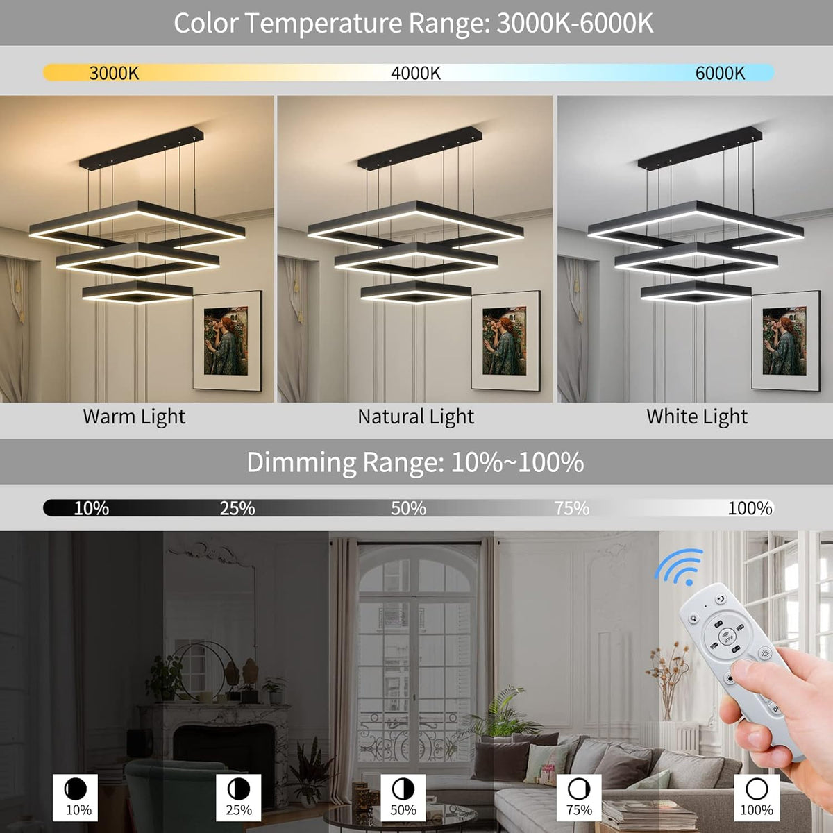 Modern LED Square Chandelier, 3 Ring Dimmable for Living, Dining, Bedroom & Foyer - High Ceiling Hanging LED Pendant Light Fixture (Black)