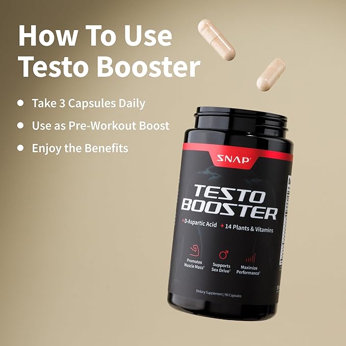 Snap Testosterone Booster for Men - Promotes Muscle Growth, Booster for Men, Enhancing Natural Energy, Stamina and Strength, 90 Capsules