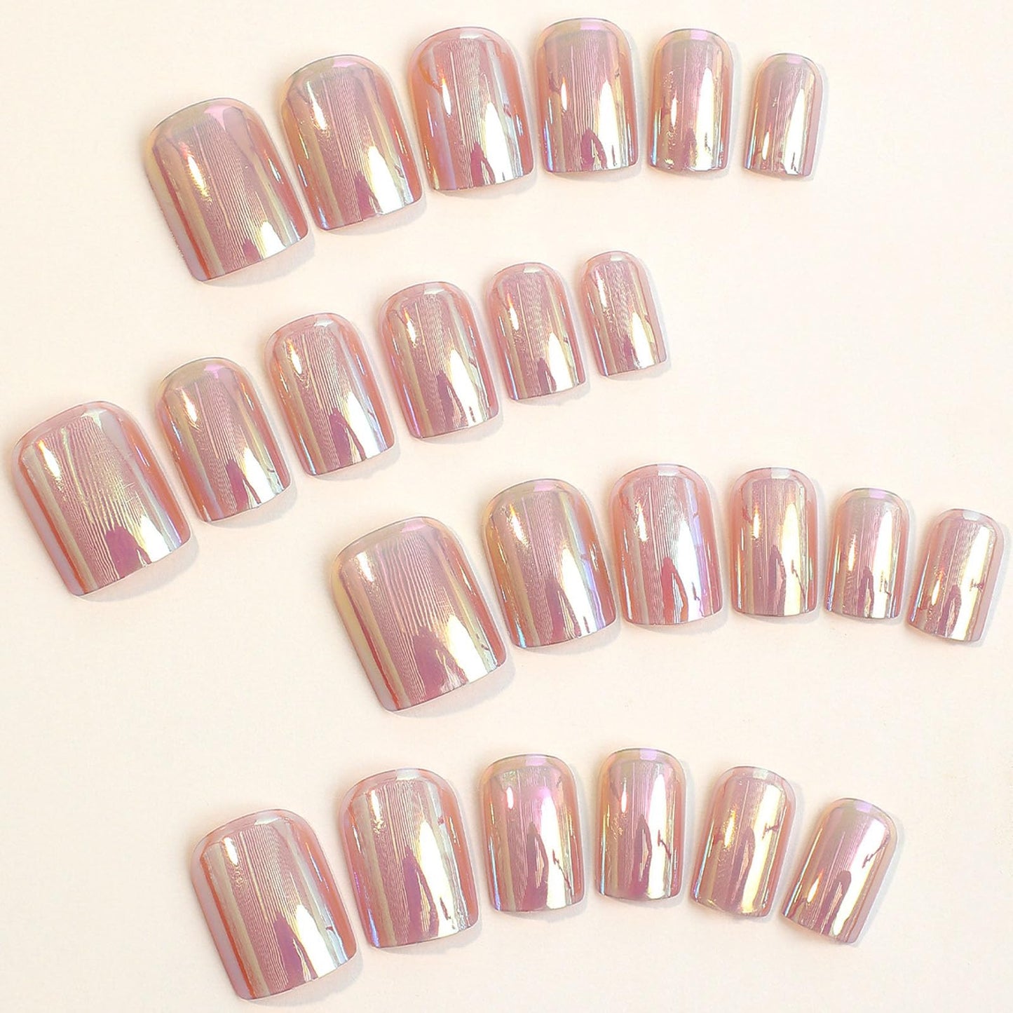 Transparent Press on Nails Short Square Acrylic Fake Nails Light Pink Transparent Design False Nail Press ons Chrome Manicure Set for Women 24Pcs