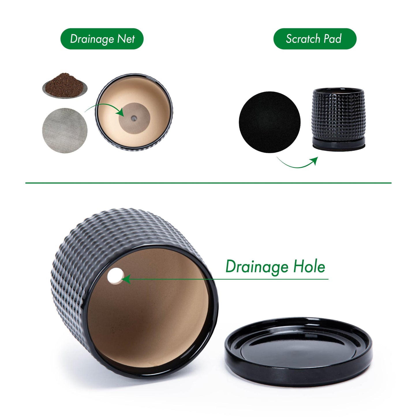 D'vine Dev Set of 2 Ceramic Plants Pots, 4 Inch Beaded Stoneware Flower Pot for Plants with Drainage Hole and Saucer, Glossy Black, 27-E-Z-2