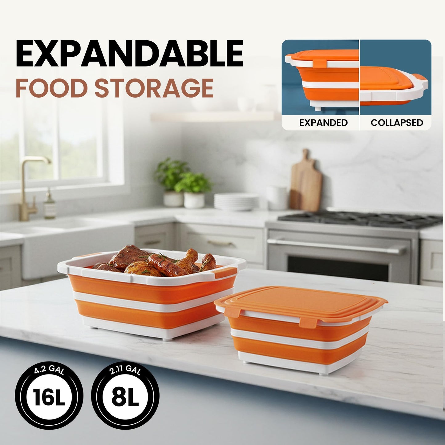 Havenity BBQ Prep Tub 2 Pack (8L+16L) - Multifunctional Collapsible Camping Cutting Board with Upgraded Locking Lid, Meal Prep Meat Storage Container Perfect for Grilling, Outdoor (Large + XL)