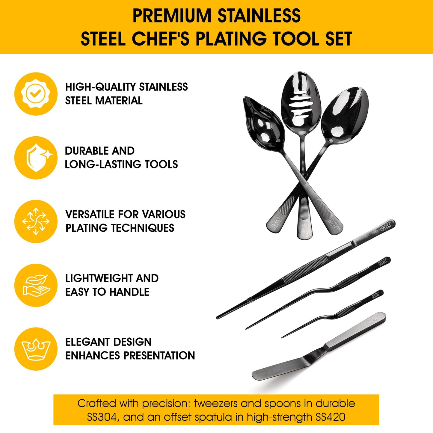 7 Pc Black Plating Tools Culinary Set (Professional Chef Utensils)| Chef Kit with 3 Plating Spoons, 3 Chef Plating Tweezers, Offset Spatula. Bundled with Zester Tool Set and Silicon Basting Brush