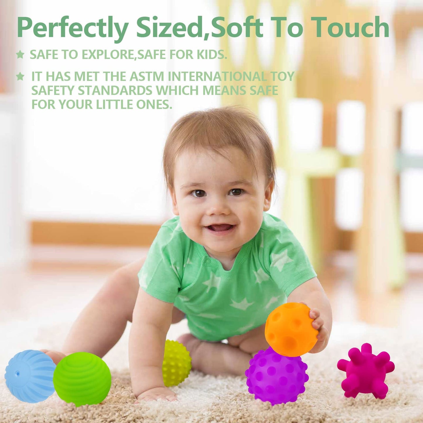 Baby Sensory Toy Bundle - 6-Piece Infant Textured Squeeze Balls (Multi-Massage) + Rattle Teething Balls, Montessori Soft Chew Rattles, Safe Wheat Straw Travel Toys, Developmental Newborn 6-12 Months