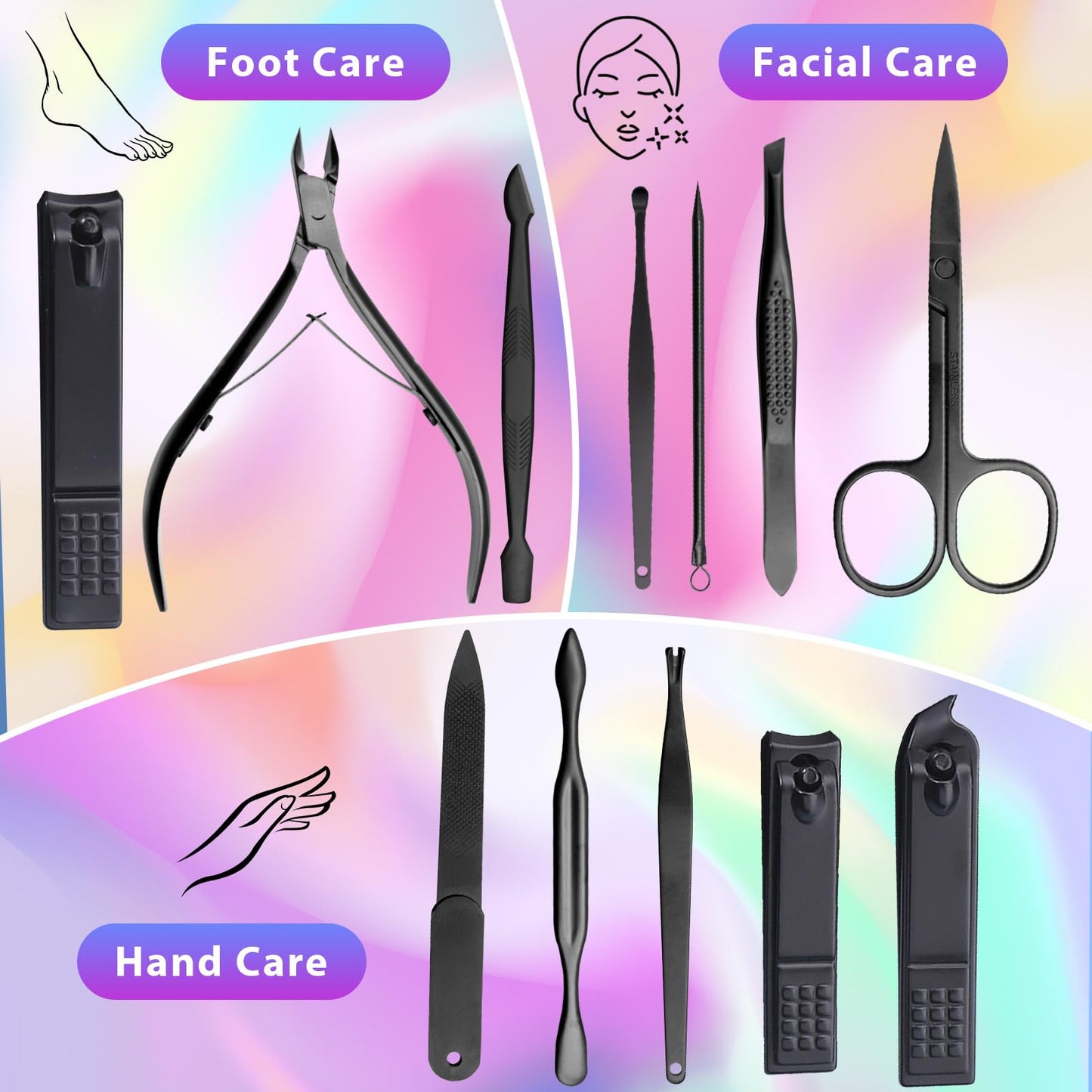 CGBE Nail Clippers Set, 12pcs Stainless Steel Nail Kit for Men, Manicure Set Pedicure kit for Mens Gifts - Black