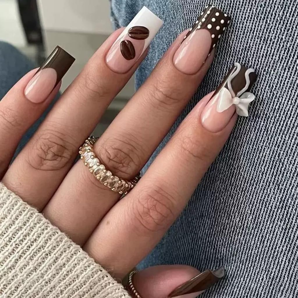 French Tip Press on Nails Medium - Square Fake Nails with Bow Design - Polka Dot, Brown False Nails Press ons - for Women 24 Pcs