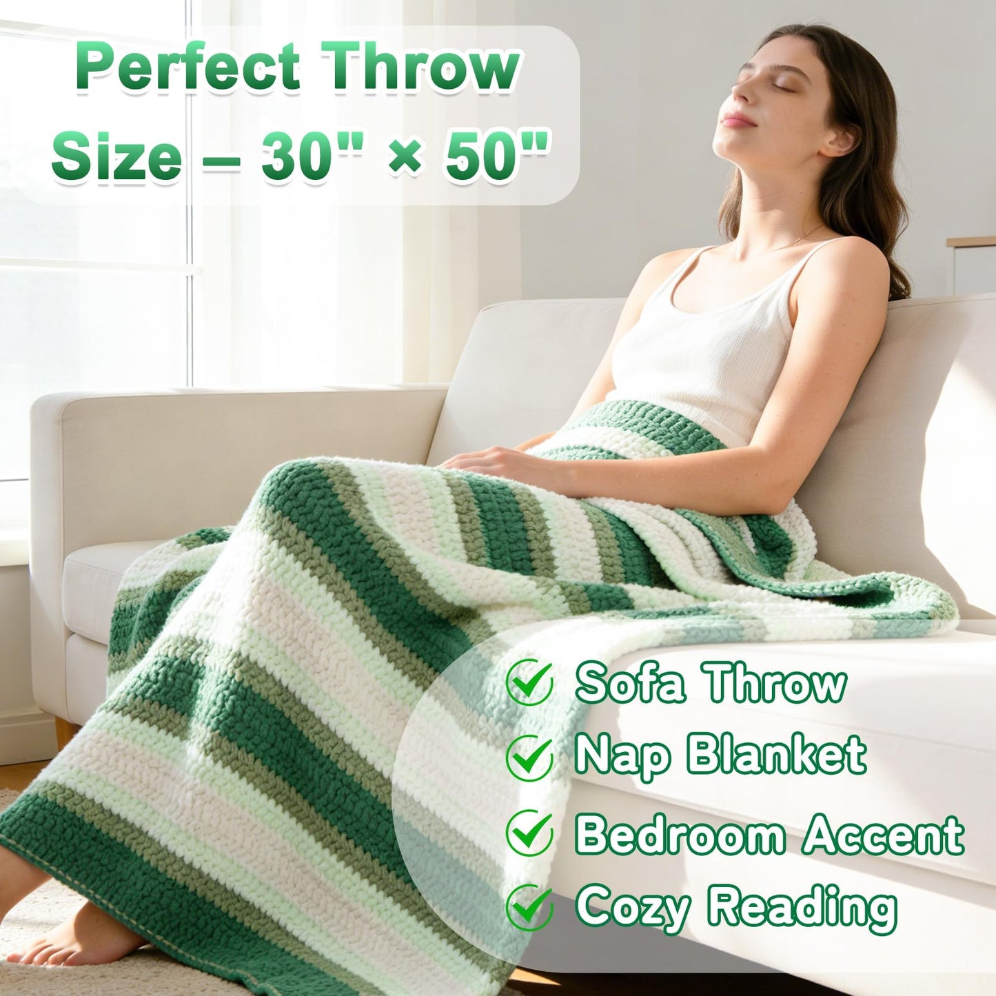 Reessy Crochet Blanket Kit for Beginners Adults – Gradient Green Ombre Throw Blanket Kit with Soft Chenille Yarn, Hooks & Instructions – Handmade Crochet Starter Set for Adults