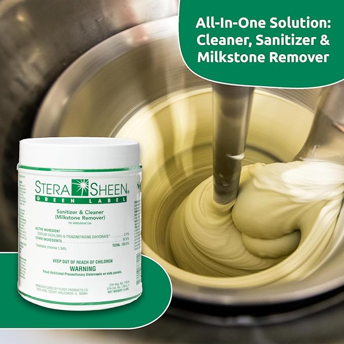 STERA SHEEN GREEN LABEL Sanitizer + Cleaner + Milkstone Remover | Cleaner and Sanitizer for Soft Serve + Shake Machines + Ice Maker and Ice Machines | By Purdy Products, 1 count 4 lb Jar
