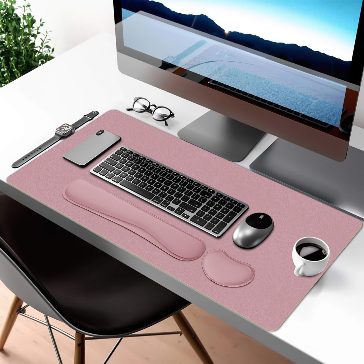 Meetcolor Mouse Pad and Keyboard Wrist Rest, 3-in-1 Large Keyboard and Mouse Pad Set, Ergonomic Wrist Rest for Computer Keyboards, Non-Slip Desk Mat Protector for Women (Purple Pink, 31.5" X 15.7")