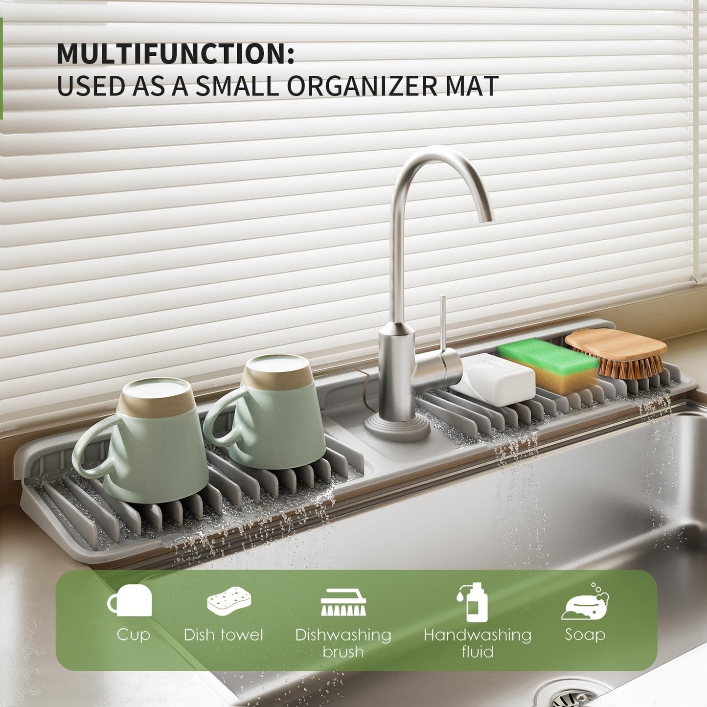 SOCORIA Faucet Mat for Kitchen Sink, 24 Inch Longer Silicone Sink Splash Guard, 7°Slope Fast Self-draining, Fast Drying Tidy Faucet Mat Splash Guard