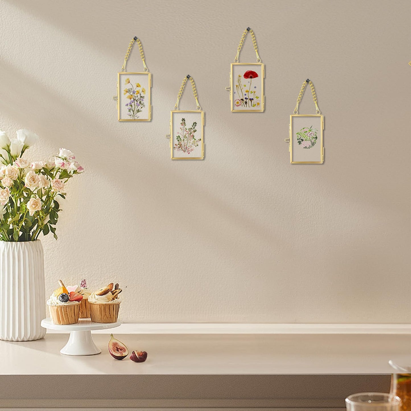 FOCHIER F 4 Pcs Pressed Flower Frame with Tweezers, Wall Hanging Tabletop Display Double Glass Frames with Metal Chain for Pressed Dried Flowers Plants, Horizontal and Vertical Picture Frame, Gold, FRAMES ONLY