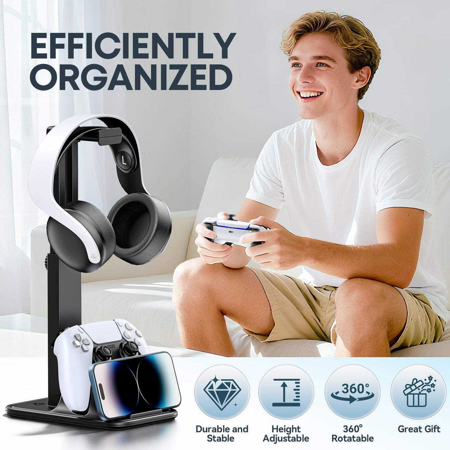 Gaming Headset & Controller Stand, Rotating Headphone Storage with Controller & Phone Holder, Game Desk Storage with Cable Organizer for PS5/PS4/XBOX PC Gamer Essentials Organizer Gift Accessories