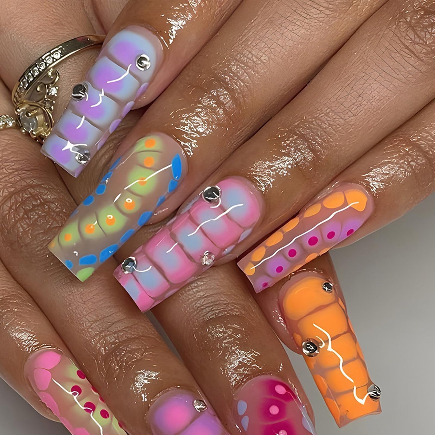 IMSOHOT Press on Nails Long Square Fake Nails Colorful Crocodile Print False Nails with Rhinestone Design Glossy Full Cover Artificial Acrylic Stick on Nails Nail Art