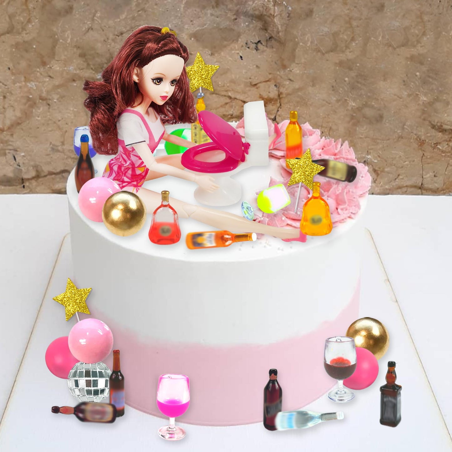 Mini Wine Bottles Cake Toppers With 12 Mini Wine Bottles 5 Mini Wine Glasses 1 Toilet 1 Beauty Doll for Celebrating Birthday Party (Brown)