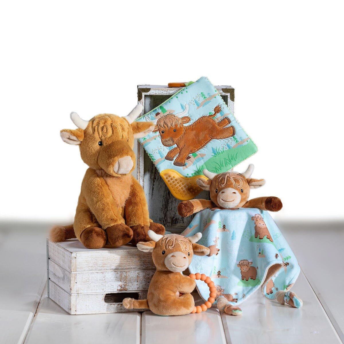 Mary Meyer Soft Baby Rattle with Soothing Teether Ring, 6-Inches, Hetty Highland Cow