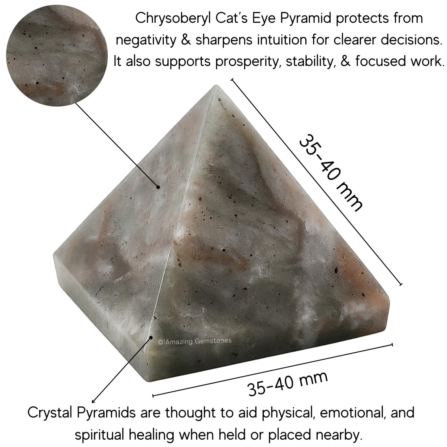 Amazing Gemstone Chrysoberyl Cats Eye Pyramid Crystal Healing Stones - 1.5" Great Pyramid Figurine of Natural Stone Pyramid for Meditation, Reiki, Chakra Balancing and Crystal Pyramids Grid