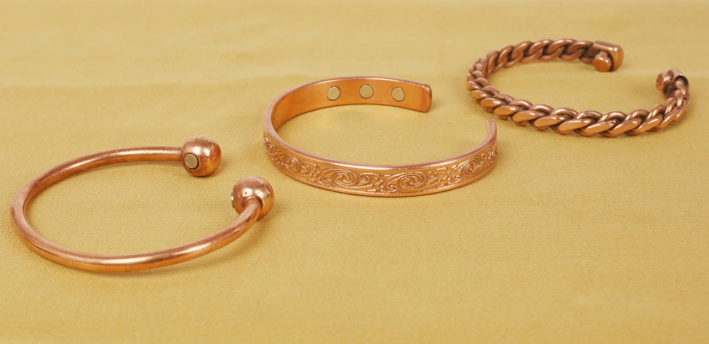 Touchstone copper bracelets | gift for men women |adjustable 100% pure solid real magnetic jewelry | handmade bracelet set combo | rope braided tibetan bangles. Set of 3 different designs