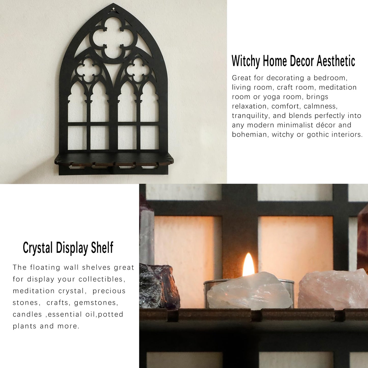 Artilady Crystal Display Shelf - 3 PCS Cute Window Shaped Floating Shelves for Wall Bedroom, Black Witchy Room Decor, Gothic Halloween Wall Decor for Home
