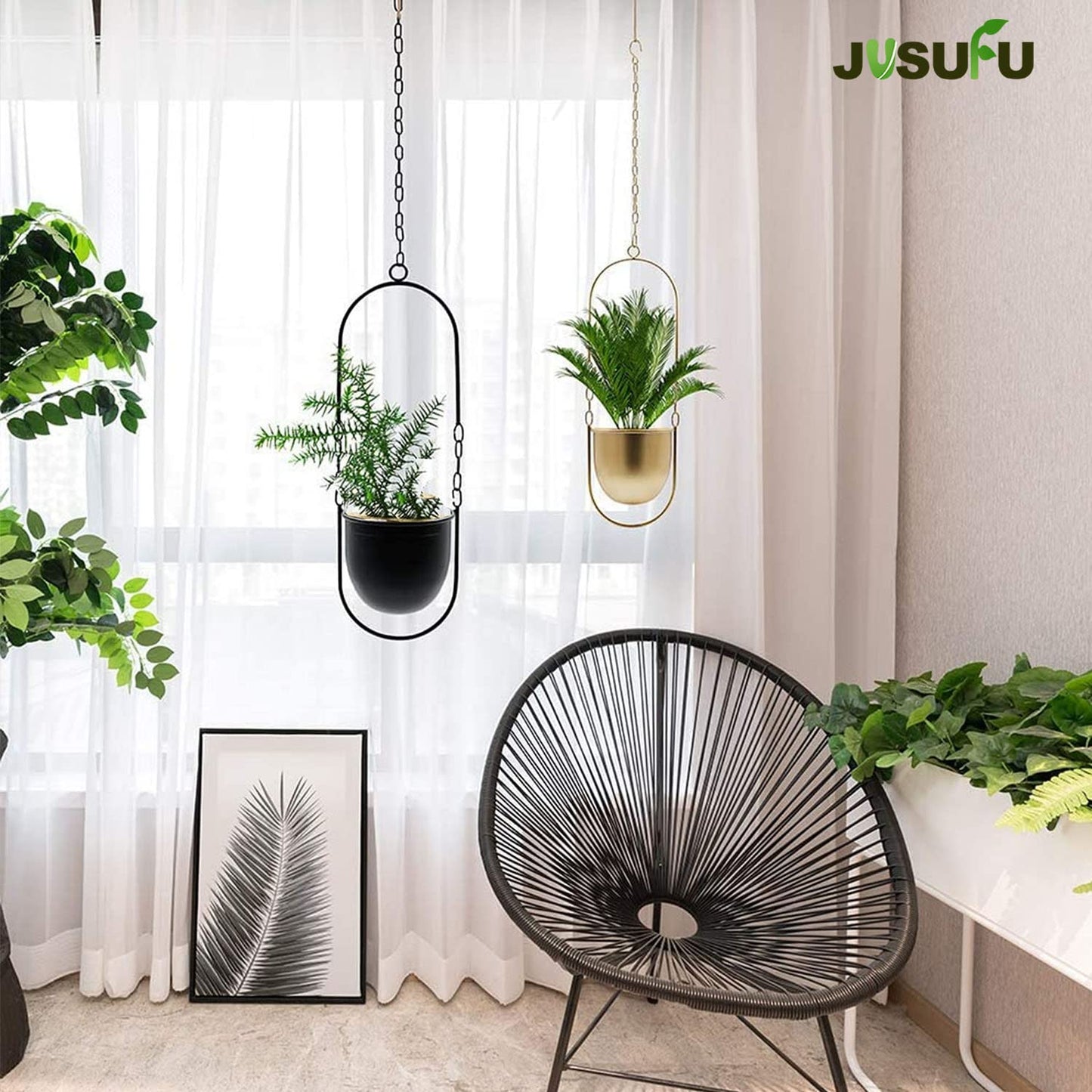 JUSUFU Metal Hanging Planters for Indoor and Outdoor Plants (Black)