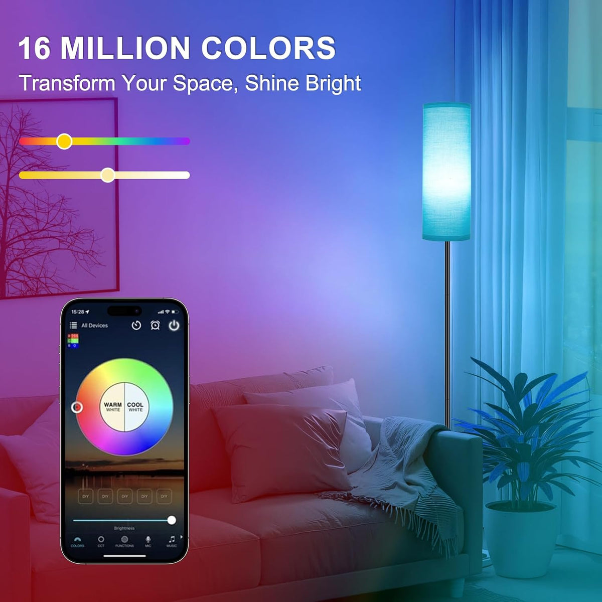 FRIDEKO HOME Floor Lamp for Bedroom, Tall Standing Lamps for Living Room, Modern Corner Floor Lamps for Living Room, 3CCT&Brightness Dimmable, 800 LM, RGB Smart Bulb, Foot Switch, Turquoise Lampshade