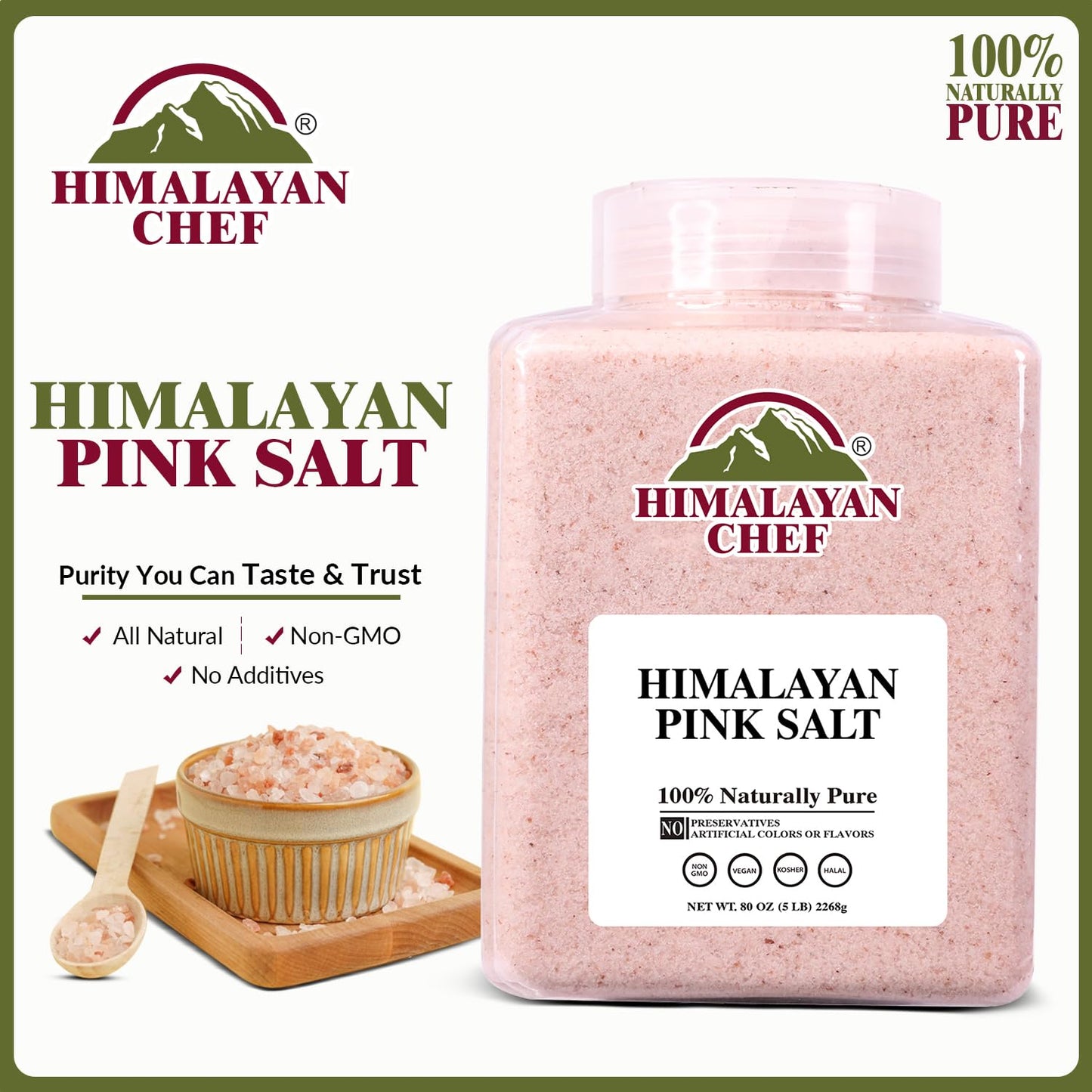 Himalayan Chef Pink Himalayan Salt Fine Grain, 5 lbs Plastic Jar - Pure, Natural, Kosher, Non-GMO, Mineral-Rich, for Cooking, Seasoning, Baking, Table Use