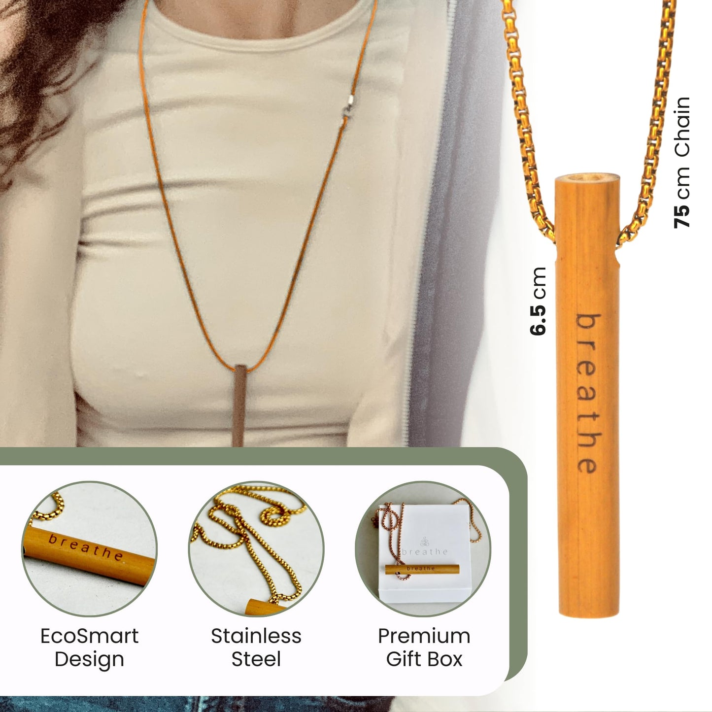 MyCalmAir Bamboo Breathing Necklace for Meditation, Mindfulness Tool, Stress Reducer, Eco-Friendly Breathe Pendant, Portable Relaxation Gift for Men & Women (Black)
