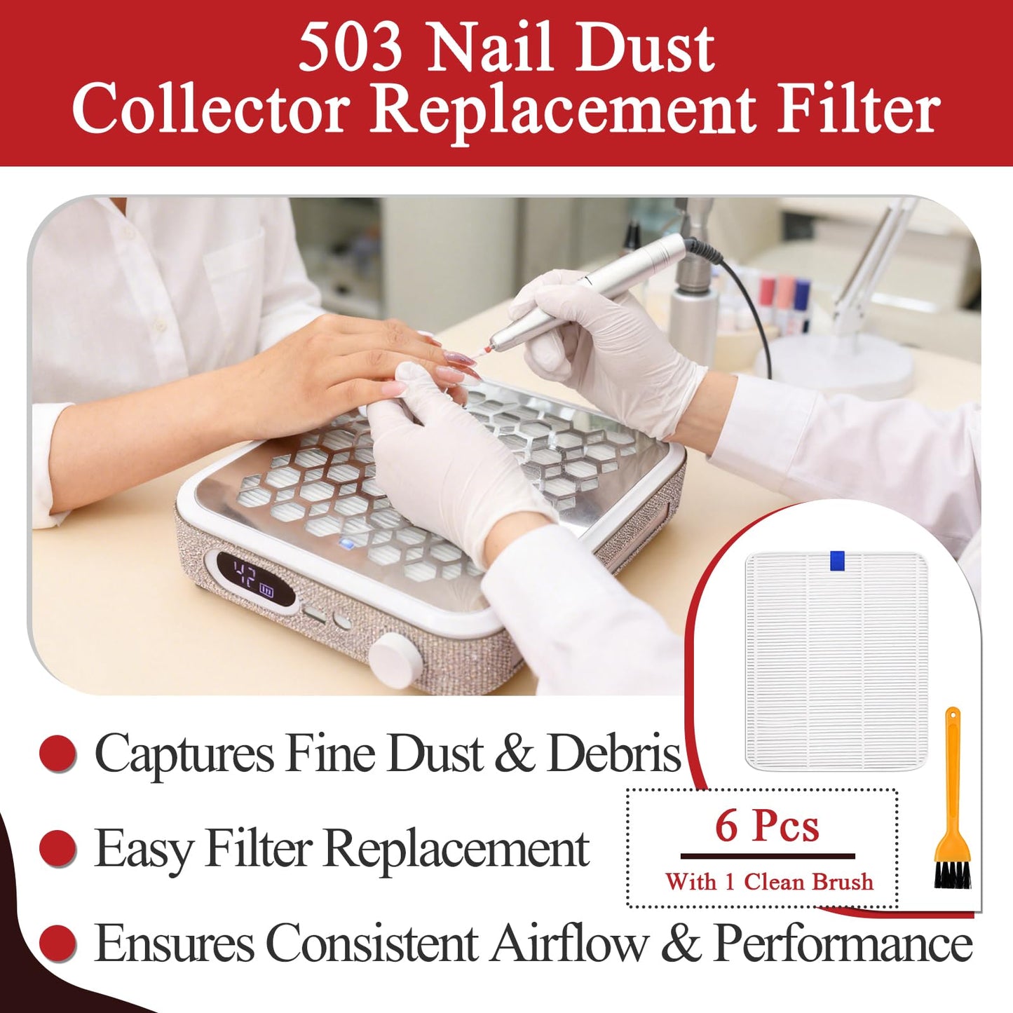 6 Pcs Nail Dust Collector Replacement Filter Compatible with CHRISTINE SHELLY 503 Nail Dust Collector, Reusable Replacement Filters with 1 Clean Brush, Easy to Clean(White)