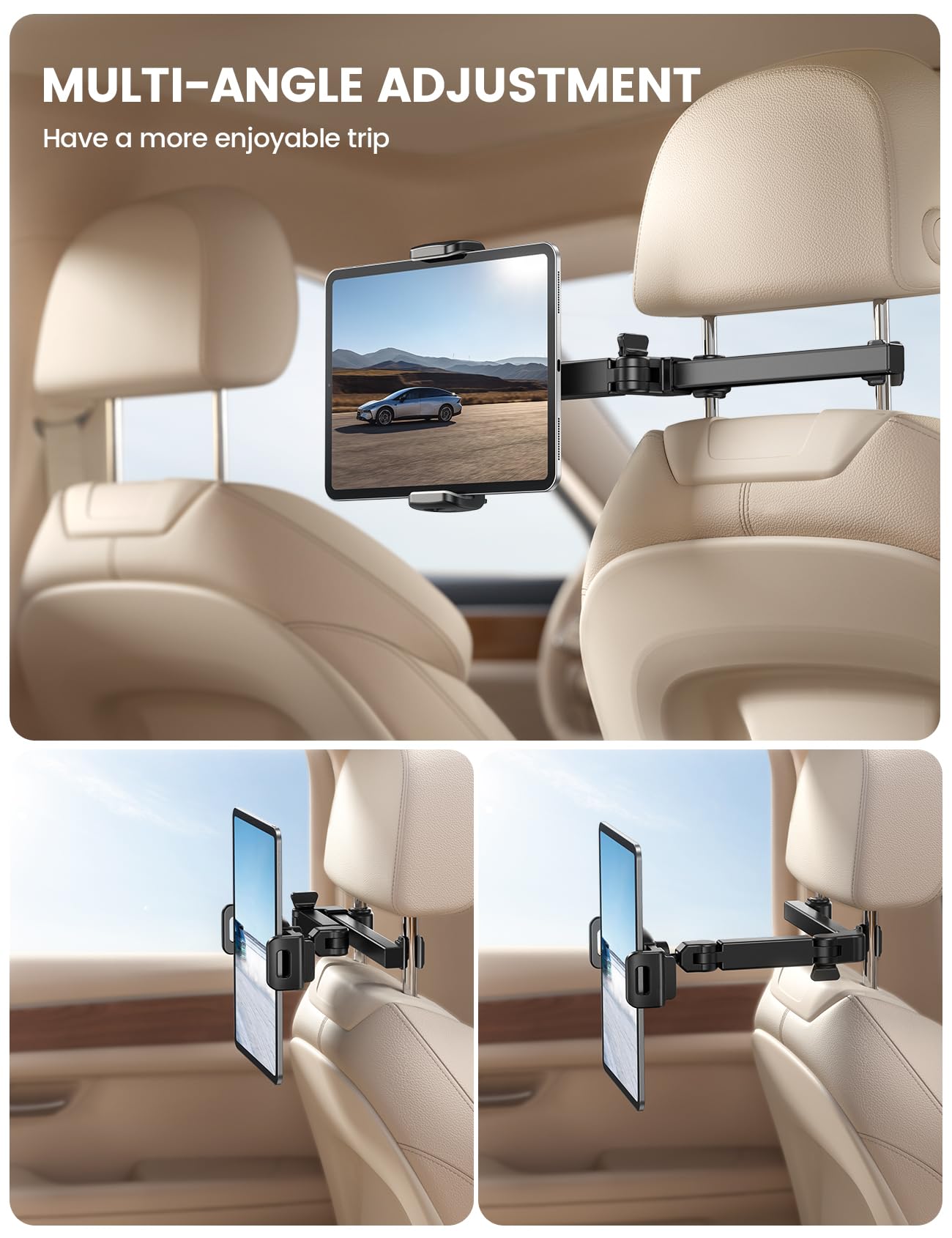 Lamicall Car Headrest Tablet Holder - [3 in 1 Extension Arm] Adjustable Tablet Car Mount for Back Seat, Gifts Road Trip Essentials for Kids, for 4.7-11" Devices, iPad Pro, Galaxy, Fire, Mother's Day