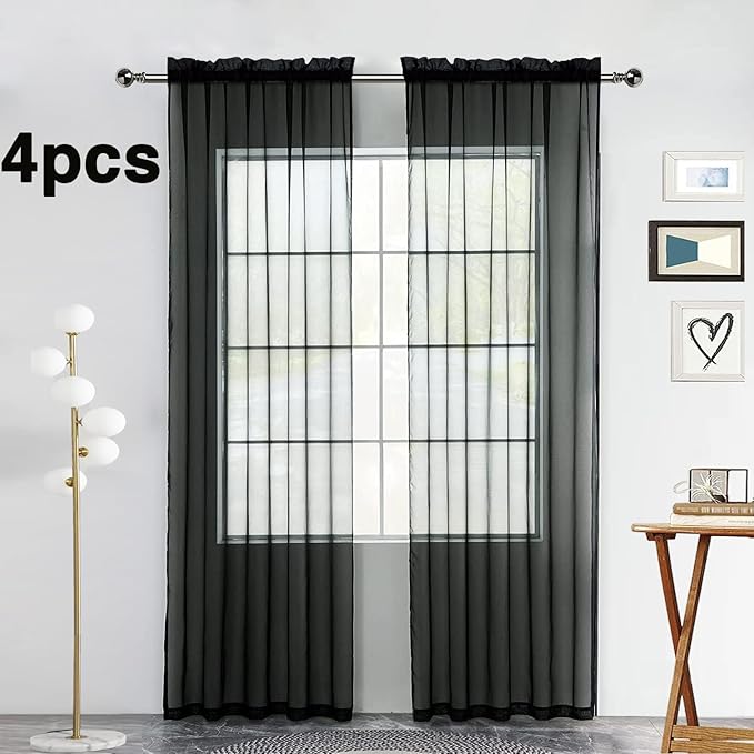 SpaceDresser Black Sheer Curtains 4 Panels Rod Pocket Semi-Sheer Curtain 72 Inches Long Light Filtering Voile Window Drapes for Bedroom Living Room Kitchen, Each 52W x 72L