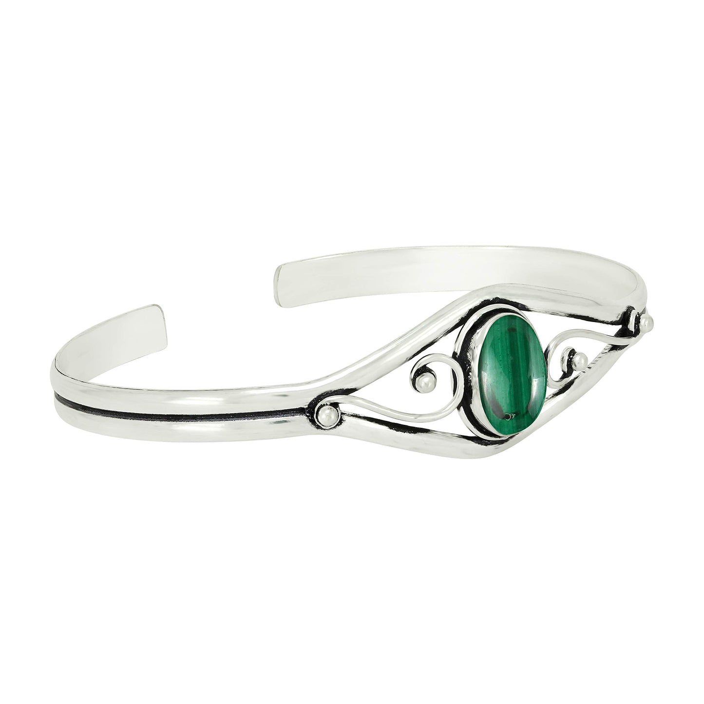 925 Silver Plated Natural Malachite Cuff Bangle Bracelet for Women – Handmade Open Bangle – Green Gemstone April Birthstone Statement Jewelry – Gift for Her