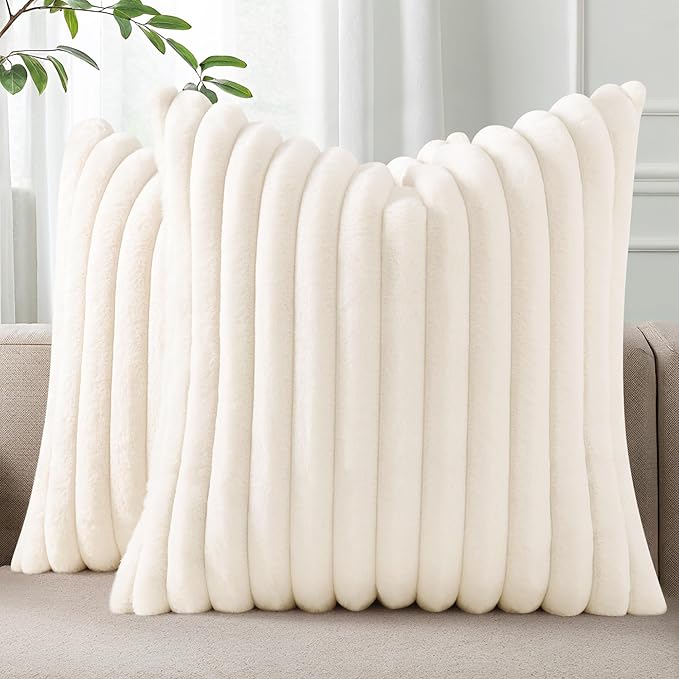Pallene Faux Fur Plush Christmas Throw Pillow Covers 18x18 Set of 2, Luxury Soft Fluffy Striped Decorative Pillow Covers for Sofa, Couch, Living Room, Cream White