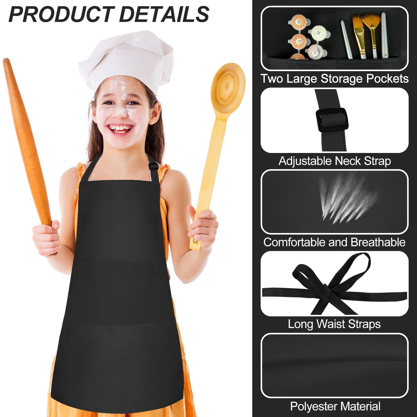 Morcheiong 12 Pack Adjustable Kids Apron Bulk with 2 Pockets Toddler Apron Kids Painting Aprons for Cooking Baking Painting Boys Girls (Black)
