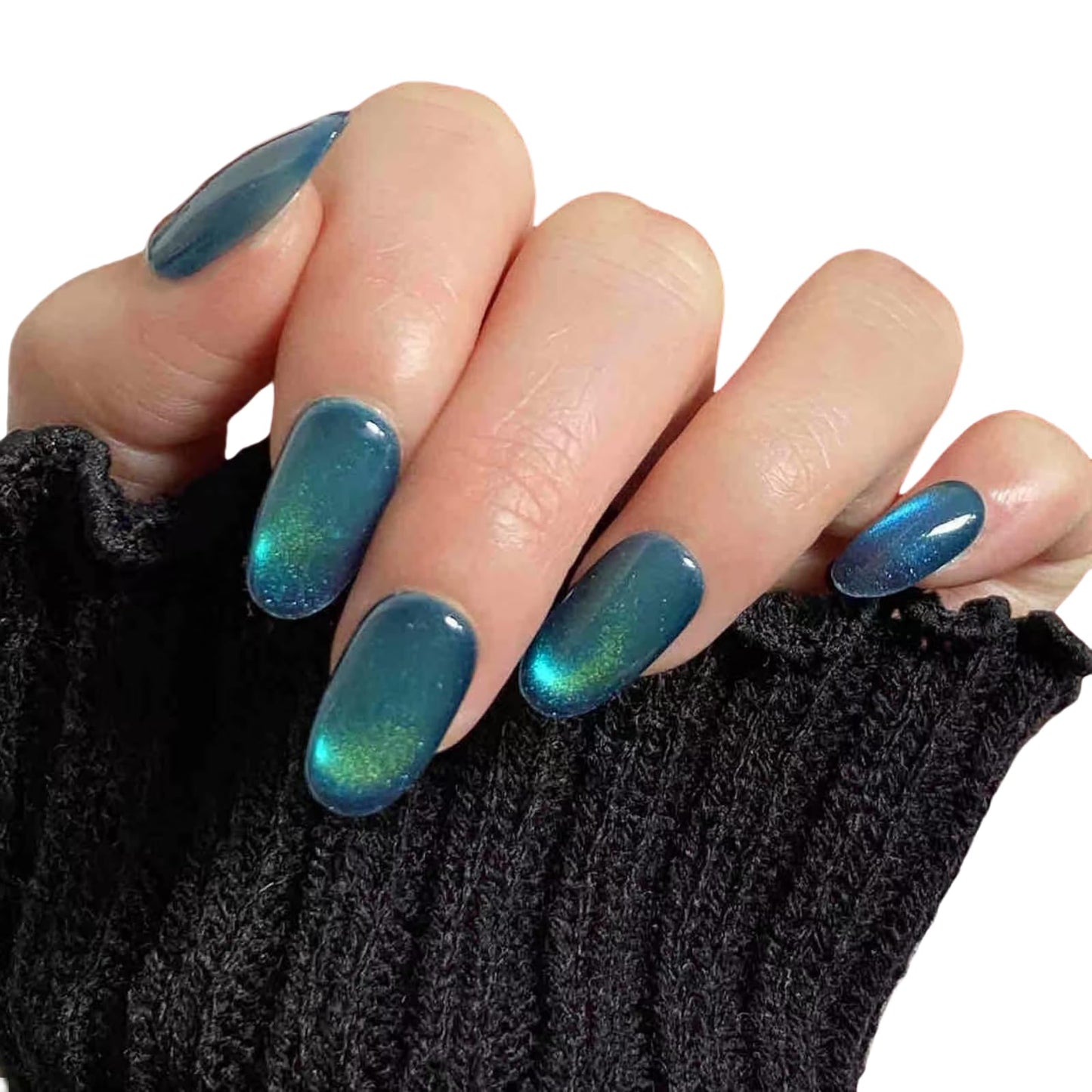 Cat Eye Press on Nails Handmade Short Oval/Square/Round False Nails with French Tip/Aurora/Magnetic Shimmer Designs (Jelly#Ice Lake, Medium)