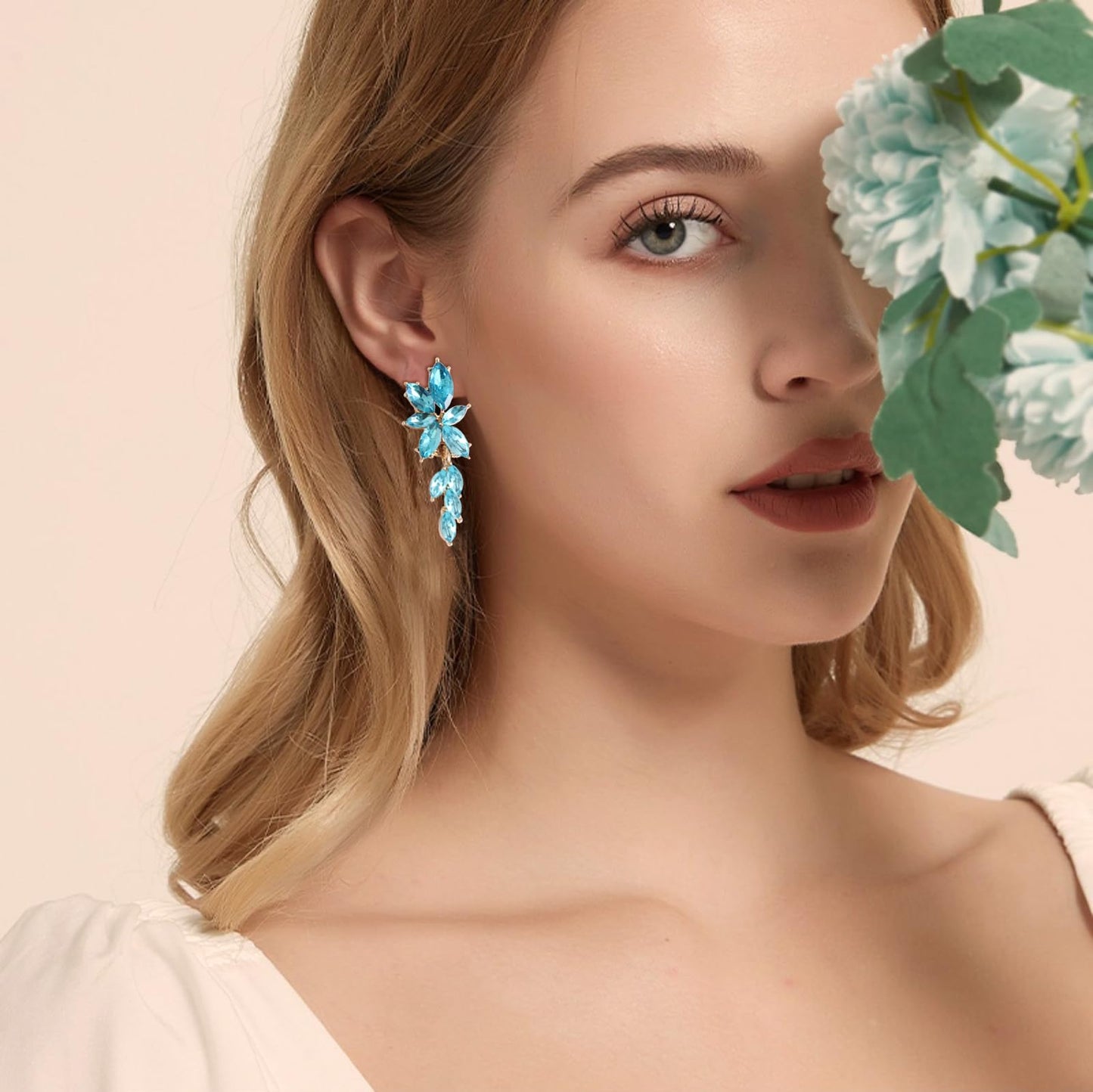 ATIMIGO Elegant Light Blue Rhinestone Dangle Earrings Cluster Crystal Wedding Bridal Earrings for Brides Bridemaids Formal Prom Statement Drop Earrings for Women