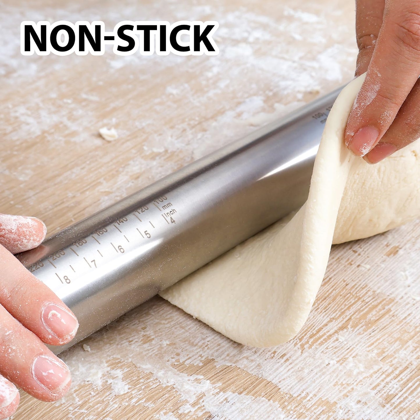 Adjustable Rolling Pin with Thickness Rings for Baking -Non Stick Stainless Steel Dough Roller Pin with Bands for Cookie,Wood,Wooden and Bread (Grey, 17.5'')