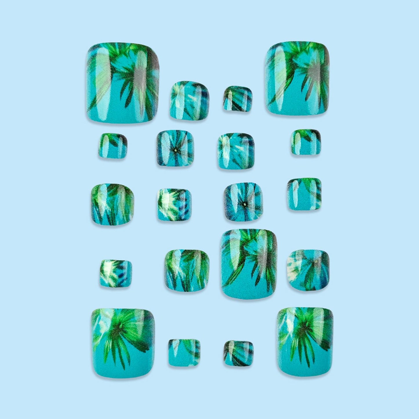 Summer Press on Toenails Short Square Fake Toe Nails with Coconut Tree Leaves Design Glossy Blue Glue on Toe Nails Green Leaf False Toenails Full Cover Acrylic Toenails for for Women